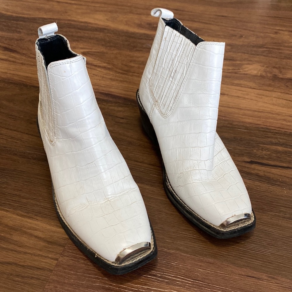 White faux croc ankle booties